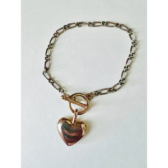 Vintage Made in Korea Puffy Heart Toggle Bracelet 90s Y2K Gold Silver Tone - Picture 2 of 9